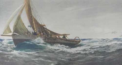 Charles Napier Hemy (1841-1917). Fishing boat at sea, artist signed coloured print, 47cm x...