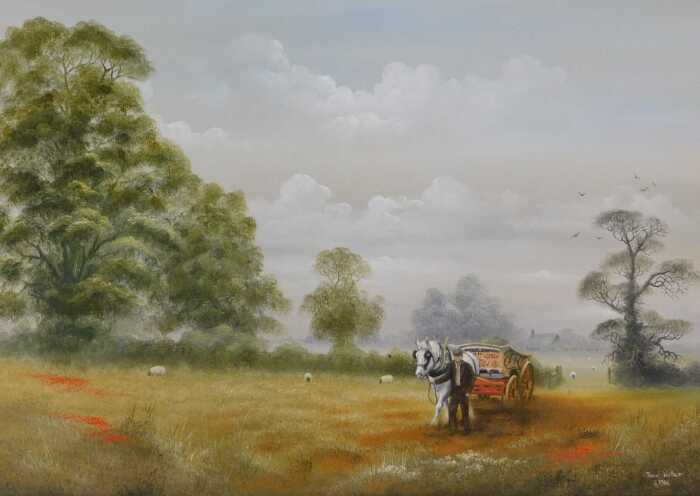 David Waller (b.1945). Horseman leading white horse, oil on canvas, signed and dated 1986, 49cm...
