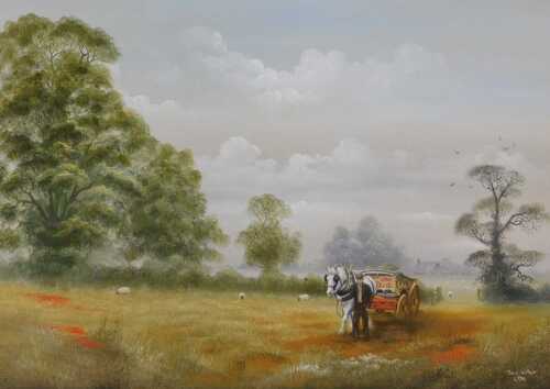 David Waller (b.1945). Horseman leading white horse, oil on canvas, signed and dated 1986, 49cm...