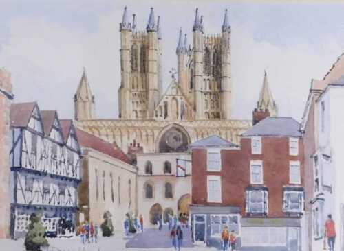 David Work (20thC). Lincoln from Castle Square, watercolour, signed, 28cm x 39cm. 
Artist label...