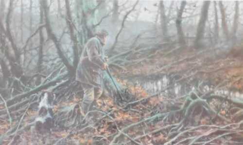 Mick Cawston (1959-2006). Woodland scene with gun dog, artist signed limited edition coloured...