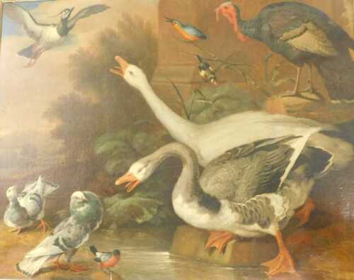 Manner of Marmaduke Cradock (c.1660-1717). Geese, turkey and pigeons, oil on canvas, 89cm x 112cm.