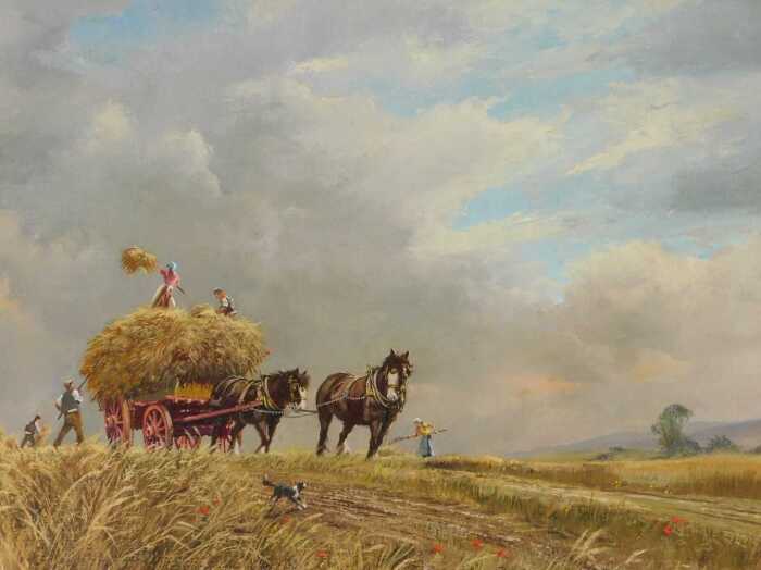 Don Vaughan (1916-?). Harvest scene with a pair of heavy horses pulling a cart amongst stubble,...