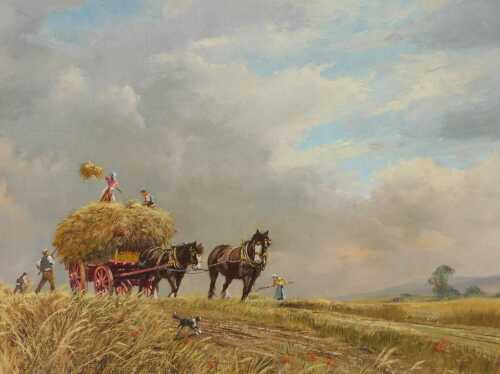 Don Vaughan (1916-?). Harvest scene with a pair of heavy horses pulling a cart amongst stubble,...