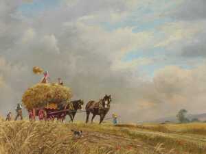 Don Vaughan (1916-?). Harvest scene with a pair of heavy horses pulling a cart amongst stubble,...
