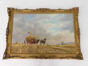Don Vaughan (1916-?). Harvest scene with a pair of heavy horses pulling a cart amongst stubble,... - 2