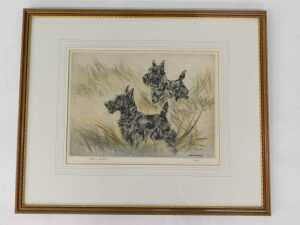 Henry Wilkinson (1921-2011). Two Terriers, artist signed coloured etching, 24/150, 27cm x 36cm. - 2