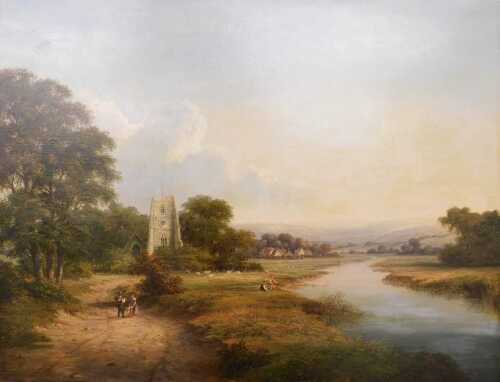 Walter Williams (act.1841-1881). Country river scene with church, figures fishing and walking...