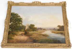 Walter Williams (act.1841-1881). Country river scene with church, figures fishing and walking... - 2