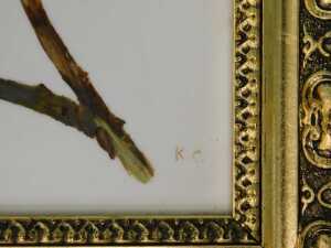 KC (19thC/20thC). Floral study, oil on opaque glass panel, initialled, 44cm x 28cm. - 3