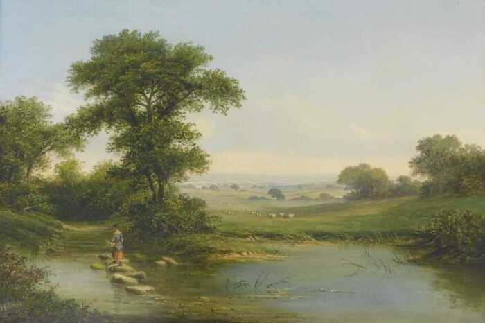 Walter Heath Williams (act. 1841-c.1876). River landscape with maiden holding a basket, oil on...