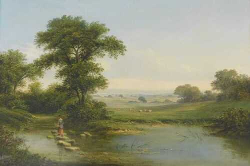 Walter Heath Williams (act. 1841-c.1876). River landscape with maiden holding a basket, oil on...