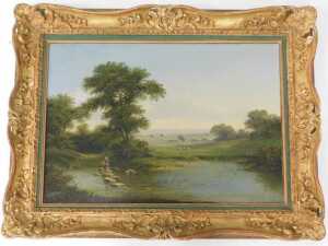 Walter Heath Williams (act. 1841-c.1876). River landscape with maiden holding a basket, oil on... - 2