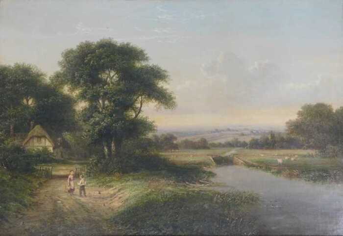 Walter Williams (act. 1841-1881). River landscape with children, oil on canvas, attributed on...