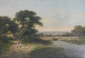 Walter Williams (act. 1841-1881). River landscape with children, oil on canvas, attributed on...