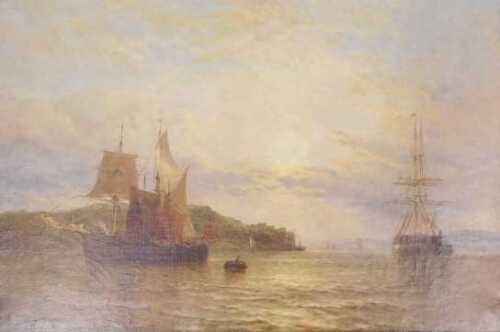 James Baker Pyne (1800-1870). Masted ships off coast, oil on canvas, signed and dated 1849, 40cm...