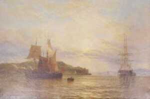 James Baker Pyne (1800-1870). Masted ships off coast, oil on canvas, signed and dated 1849, 40cm...