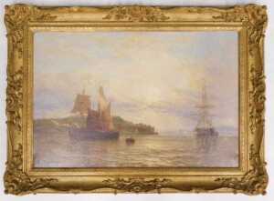 James Baker Pyne (1800-1870). Masted ships off coast, oil on canvas, signed and dated 1849, 40cm... - 2