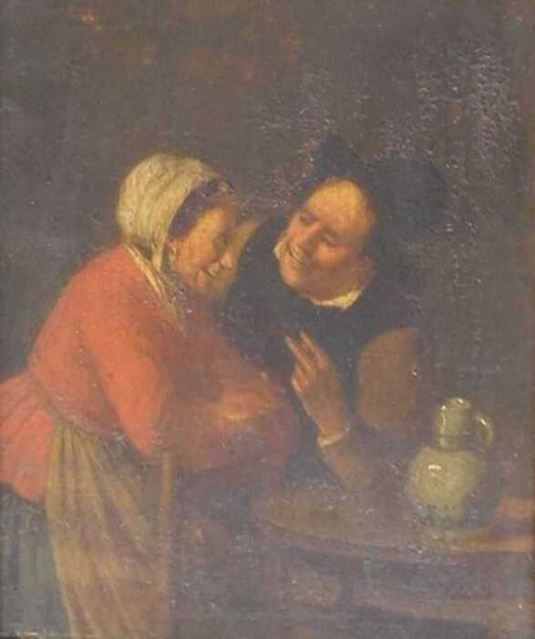 Charles Venneman (1802-1875). Figures at the Inn, oil on panel, attributed on mount, 17cm x 14cm.