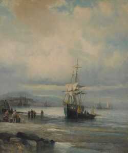 William Anslow Thornley (act. 1858-1898). Harbour coastal scene with fishing boats and figures,...