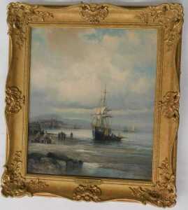 William Anslow Thornley (act. 1858-1898). Harbour coastal scene with fishing boats and figures,... - 2