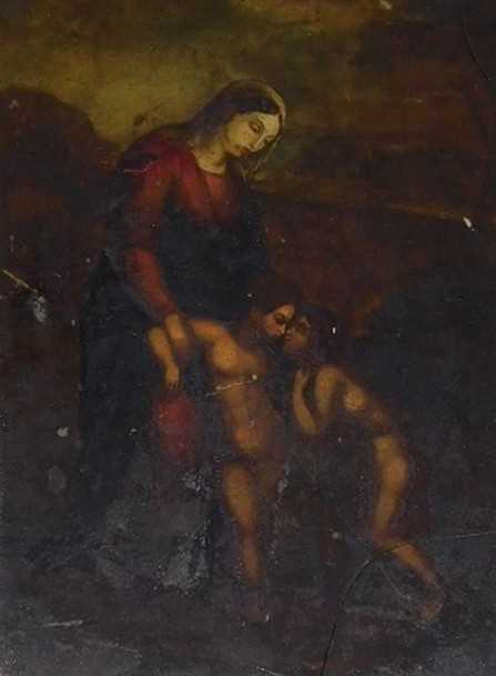 18thC/19thC Continental School. Madonna with two children, oil on panel, 37cm x 28cm.