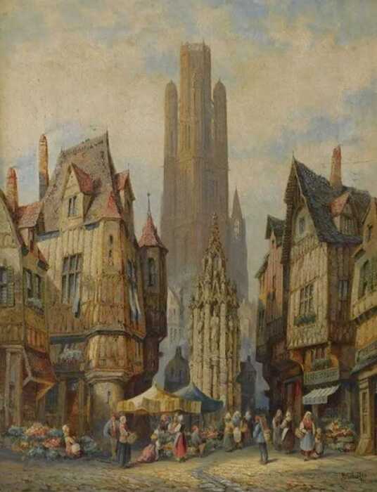 Henry Thomas Schaefer (1815-?). Place de la Croix de St.Pierre Rouen, Normandy, oil on canvas,...