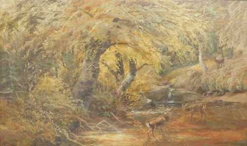 Clarence Henry Roe (1840-1909). Deer in woodland river scene, oil on canvas, signed and dated...