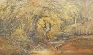 Clarence Henry Roe (1840-1909). Deer in woodland river scene, oil on canvas, signed and dated...
