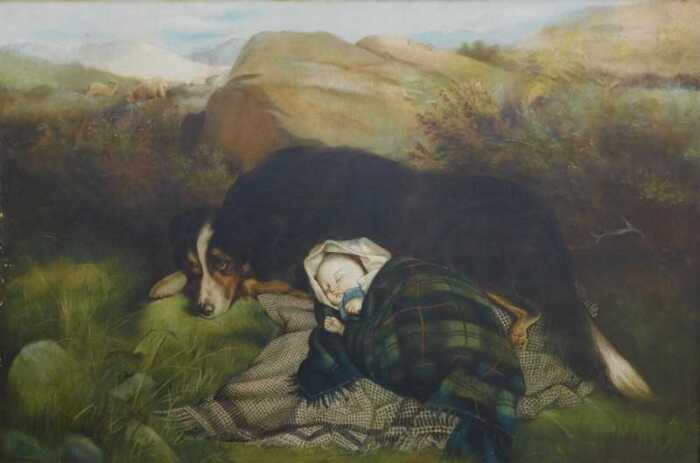 19thC British School. Dog with sleeping baby, oil on canvas, 59.5cm x 90cm.