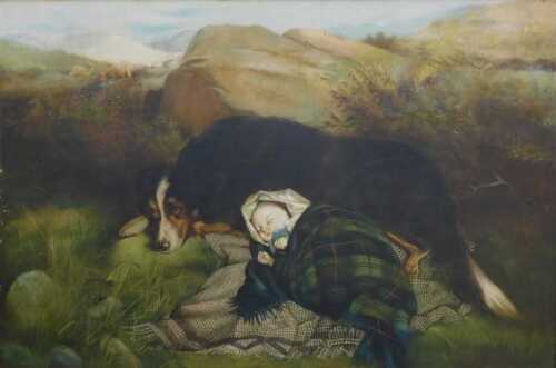 19thC British School. Dog with sleeping baby, oil on canvas, 59.5cm x 90cm.