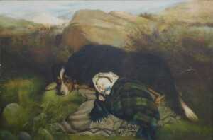 19thC British School. Dog with sleeping baby, oil on canvas, 59.5cm x 90cm.