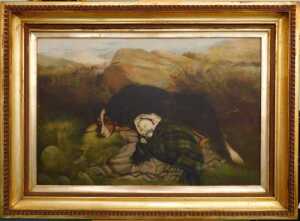 19thC British School. Dog with sleeping baby, oil on canvas, 59.5cm x 90cm. - 2