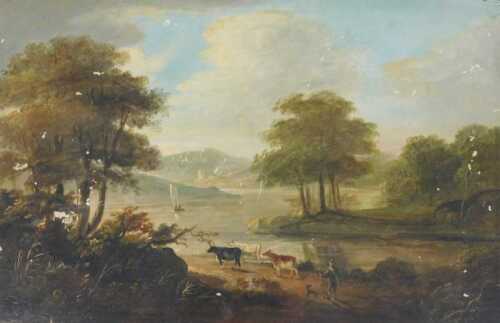 18thC/19thC School. Pastoral scene, herdsman in river landscape, oil on panel, 28.5cm x 43.5cm.