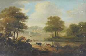18thC/19thC School. Pastoral scene, herdsman in river landscape, oil on panel, 28.5cm x 43.5cm.