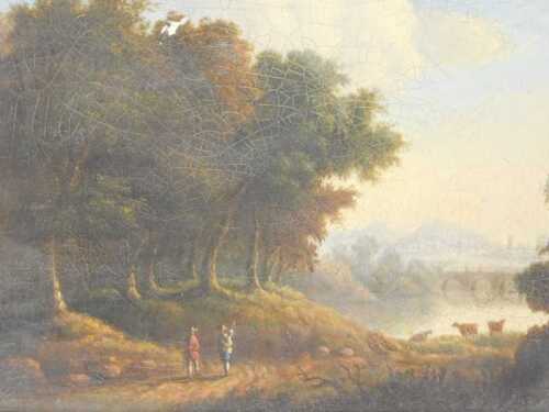 18thC/19thC School. Figures in river landscape, oil on board, 49cm x 59cm.
