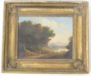 18thC/19thC School. Figures in river landscape, oil on board, 49cm x 59cm. - 2