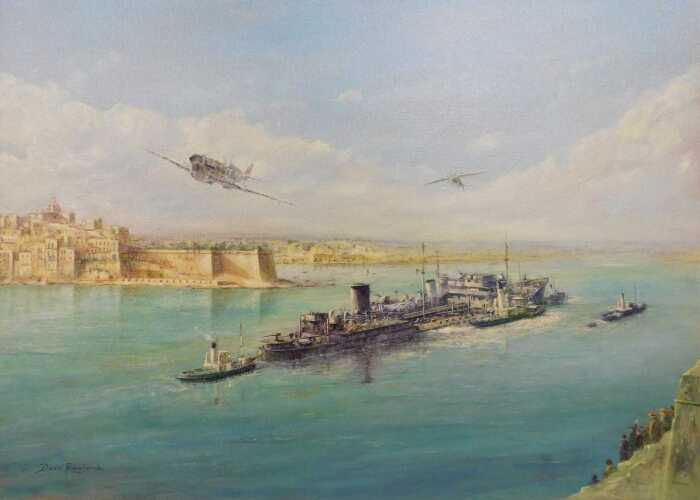 David Rowlands (20thC). George Beurling Victory Salute 249 Sqn Spitfire St Marija Convoy, oil on...