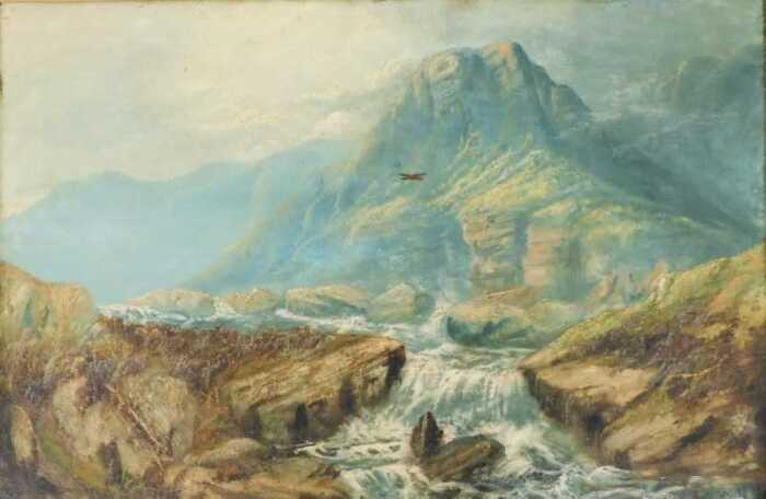 19thC School. Mountain river landscape, oil on canvas, 49.5cm x 75cm.