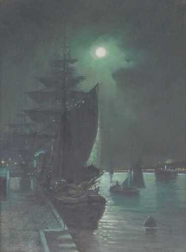 Walter Linsley Meegan (1859-1944). Moonlit harbour, oil on canvas, signed, 39.5cm x 29cm.