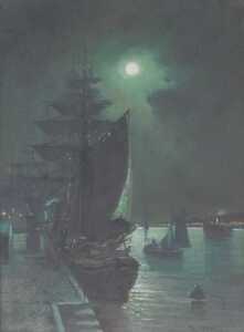 Walter Linsley Meegan (1859-1944). Moonlit harbour, oil on canvas, signed, 39.5cm x 29cm.