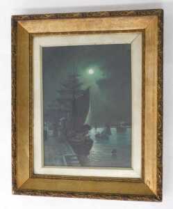 Walter Linsley Meegan (1859-1944). Moonlit harbour, oil on canvas, signed, 39.5cm x 29cm. - 2