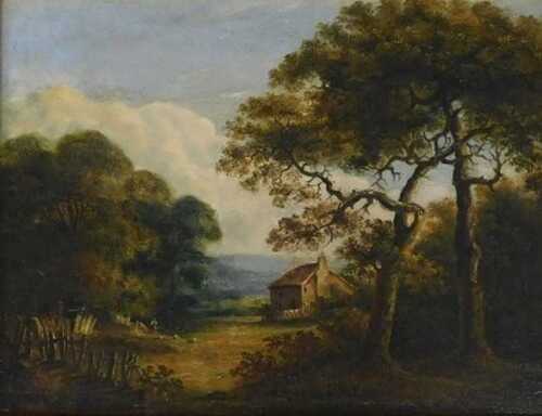 19thC British School. Farmhouse and figures in woodland landscape, oil on panel, 30cm x 39cm.