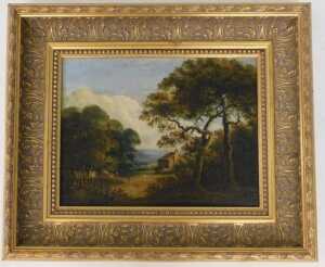 19thC British School. Farmhouse and figures in woodland landscape, oil on panel, 30cm x 39cm. - 2