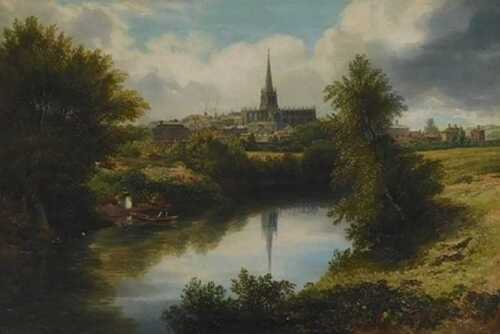William Callow (1812-1908). River landscape with cathedral, oil on board, signed, 34cm x 52cm.