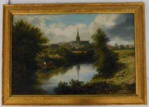 William Callow (1812-1908). River landscape with cathedral, oil on board, signed, 34cm x 52cm. - 2