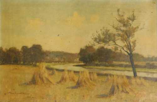Tom Robertson (1850-1947). The last of the stooks, oil on canvas, signed, dated 1888, titled...
