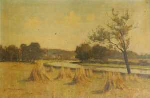 Tom Robertson (1850-1947). The last of the stooks, oil on canvas, signed, dated 1888, titled...
