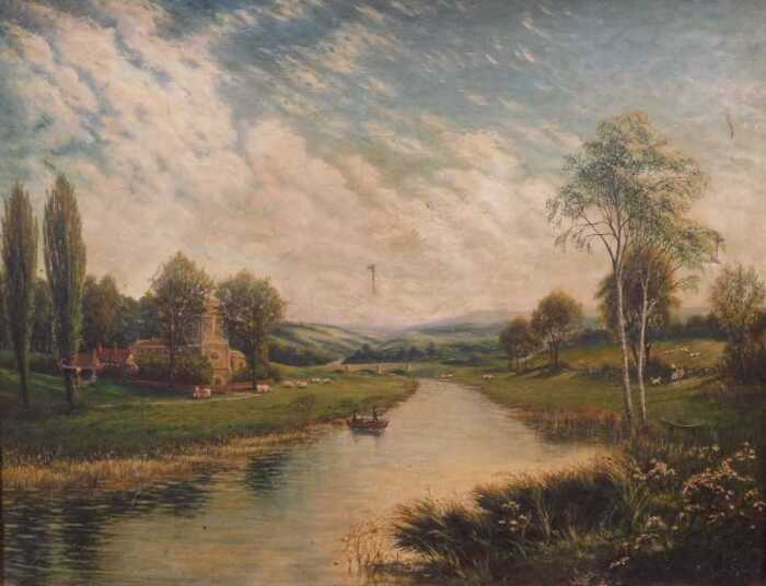 19thC British School. River landscape with anglers in rowing boat, oil on canvas, 70cm x 90cm.