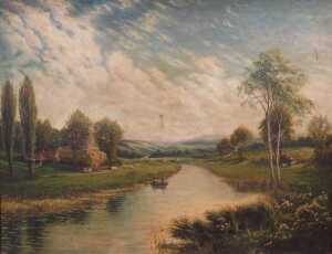 19thC British School. River landscape with anglers in rowing boat, oil on canvas, 70cm x 90cm.